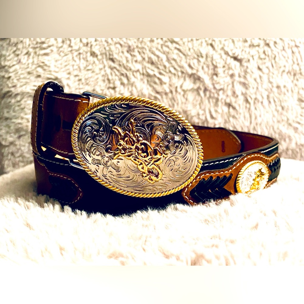 3D Kids Brown Leather Belt with Silver and Gold Buckle 2 Concho embellishments